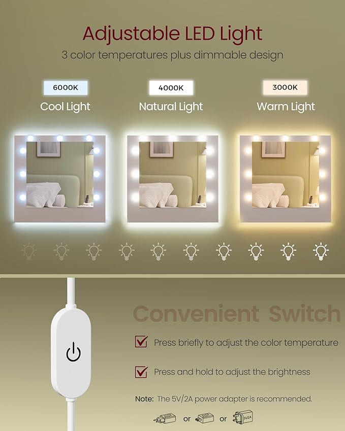 VASAGLE Kailyn Collection - Vanity Desk with Mirror and 9 LED Bulbs, Vanity Makeup Table with Power Outlets, Dressing Table with 9 Drawers, for Bedroom, Cloud White URDT141WB01S