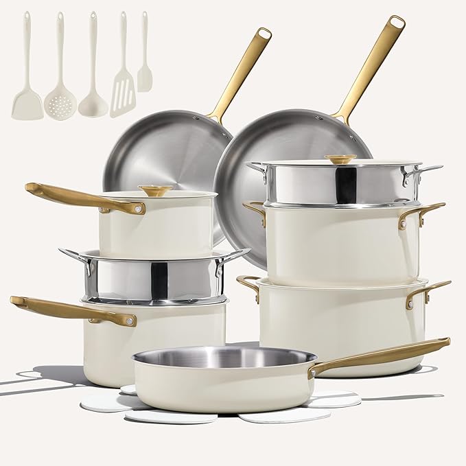 CAROTE 24pcs Tri-Ply Stainless Steel Cookware Set, Pots and Pans Set, Non Stick Induction Kitchen Cooking Sets, Nonstick Cookware Collection, Outer Ceramic Layer, Cream White