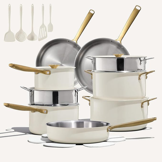 CAROTE 24pcs Tri-Ply Stainless Steel Cookware Set, Pots and Pans Set, Non Stick Induction Kitchen Cooking Sets, Nonstick Cookware Collection, Outer Ceramic Layer, Cream White