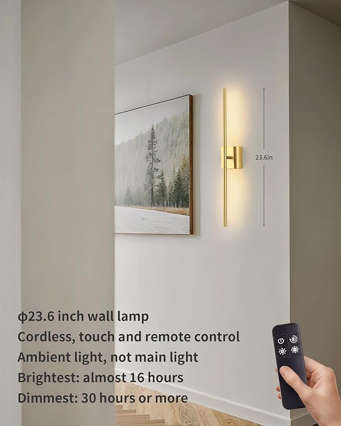 KDG Cordless Wall Sconces with Remote Control, Wireless 7000mAh Rechargeable Battery Operated LED Wall Lamps, 360° Rotate Lightings for Wall Painting, Bedroom, Hallway, Night Light 23.6 inch (Gold)