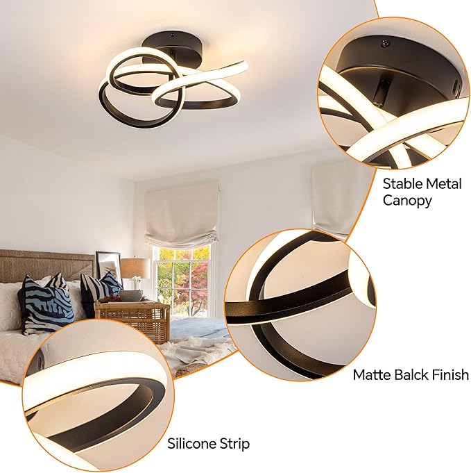 Modern Ceiling Light, 36W LED Dimmable Ceiling Light with Remote Control, 3000-6000K Color Temperature Changing, Balck Small Chandelier for Bedroom, Entryway, Hallway, Kitchen
