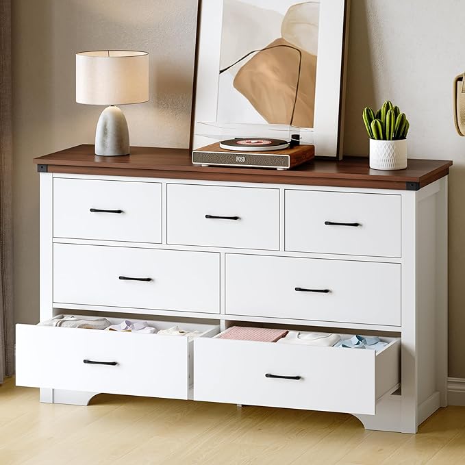 Farmhouse 7 Drawer Dresser For Bedroom, 51" Wide Chest Of Drawers, Wood White Dresser With Metal Handle And Anti-Tipping Device, Storage Dressers Organizer For Bedroom, Living Room, Hallway, White