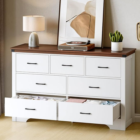 Farmhouse 7 Drawer Dresser For Bedroom, 51" Wide Chest Of Drawers, Wood White Dresser With Metal Handle And Anti-Tipping Device, Storage Dressers Organizer For Bedroom, Living Room, Hallway, White