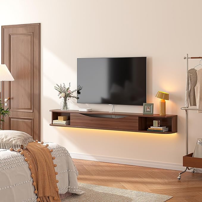 Floating TV Stand,70'' Wall Mounted TV Cabinet,Floating TV Console,Under TV Shelf with 1 Door and 2 Cabinets for TVs up to 75''(Walnut)