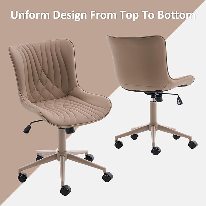 YOUTASTE All Khaki Office Chair, Modern Armless Desk Chair with Back, Adjustable Swivel Rolling Faux Leather Task Chair with Wheels Metal Base for Home Office, Study, or Vanity
