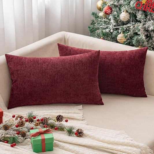 MIULEE Pack of 2 Couch Throw Pillow Covers 12x20 Inch Soft Wine Red Chenille Pillow Covers for Sofa Living Room Solid Dyed Pillow Cases