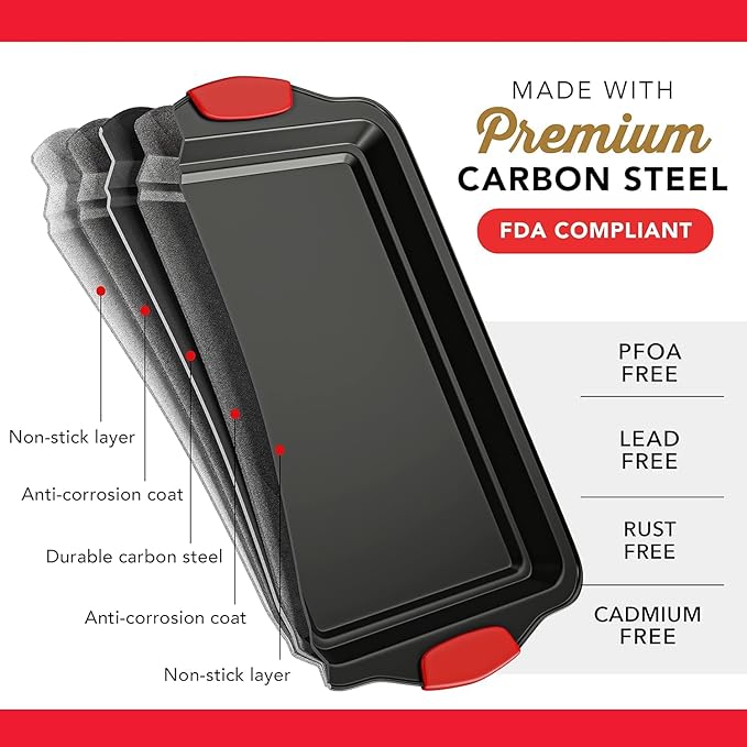 Baking Sheet Set, 2-Piece Cookie Sheet Set with Silicone Handles, Steel Baking Pan, Durable Baking Sheets for Oven, BPA Free Cookie Sheets for Baking Nonstick Set, Premium Sheet Pan, Black Baking Tray