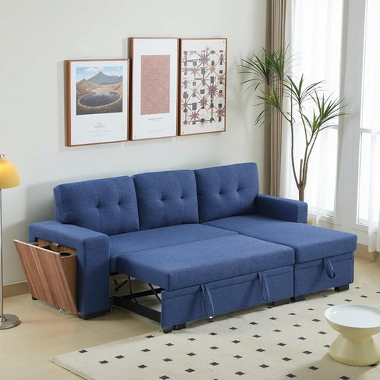 L-Shape Sofa Bed, 92" Sectional Couch with Storage Chaise, Pull Out Sleeper Sofa with Side Compartment, Convertible Corner Couch for Living Room Apartment, Blue