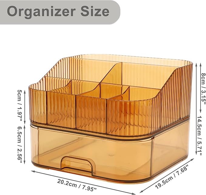 VOCOSTE 1 Set Makeup Organizer with Stackable Drawer, 7 Grids Makeup Organizer for Countertop Vanity, Skincare Organizers Cosmetic Display Cases, Amber Orange