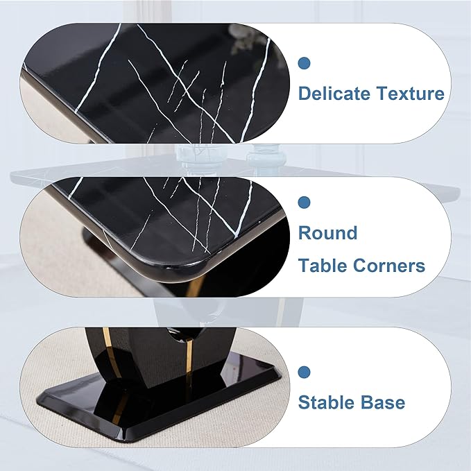 Dining Table Set for 6, Kitchen Table Chairs Set of 6, Modern Dining Room Set with 63 inch Marble Dinner Table PU Leather Upholstered Chairs for Dining Room Kitchen