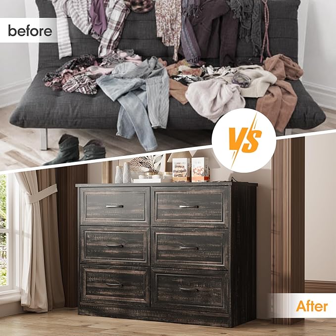 Fameill Dresser for Bedroom, 6 Drawer Wide Dressers Organizer with Charging Station for Hallway with Metal Handles, Dark Brown