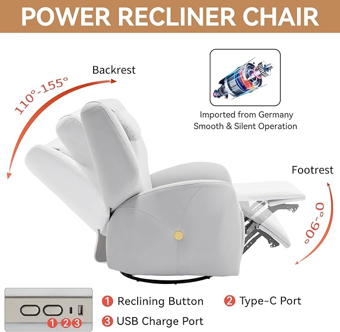 Power Recliner Chairs for Women, 270° Swivel Recliner Rocker Chair with Charging Ports, Reclining Rocking Glider Chair for Nursery, Polyester Fabric White