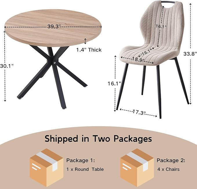 39" Round Dining Table Set for 4, Mid Century Kitchen Table with 4 Fabric Upholstered Dining Chairs for Apartment Living Room Space Saving