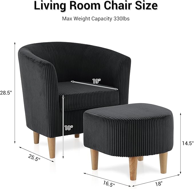 DAZONE Accent Chair, Barrel Chair with Ottoman Comfy Armchair Corduroy Living Room Chairs Mid Century Modern Chair Upholstered Club Tub Sofa Chair for Bedroom Reading Room Charcoal