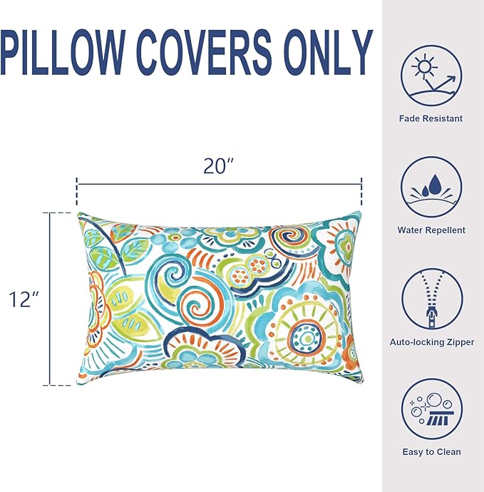 Pack of 2 Outdoor Lumbar Pillow Covers, All Weather Cushion Pillow Cases 12x20 Inch, Pillowcase for Patio Couch Decoration, Flower Blue