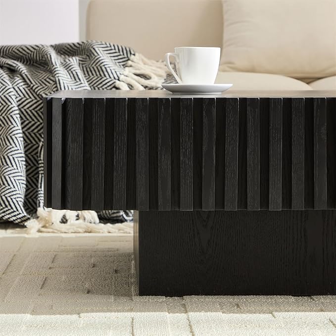 Square Coffee Table for Living Room, Accent Fluted Coffee Table with Storage, Modern Solid Wood Veneered Large Center Tea Table for Small Space Apartment (35.4''D×16''H-Black)