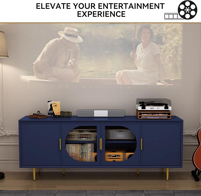 ARTPOWER Modern TV Stand for TVs up to 70+ inch, Glass Door Television Console Table with Gold Leg, Entertainment Center with Storage Cabinet, Wood Media Furniture for Bedroom, Living Room, Blue