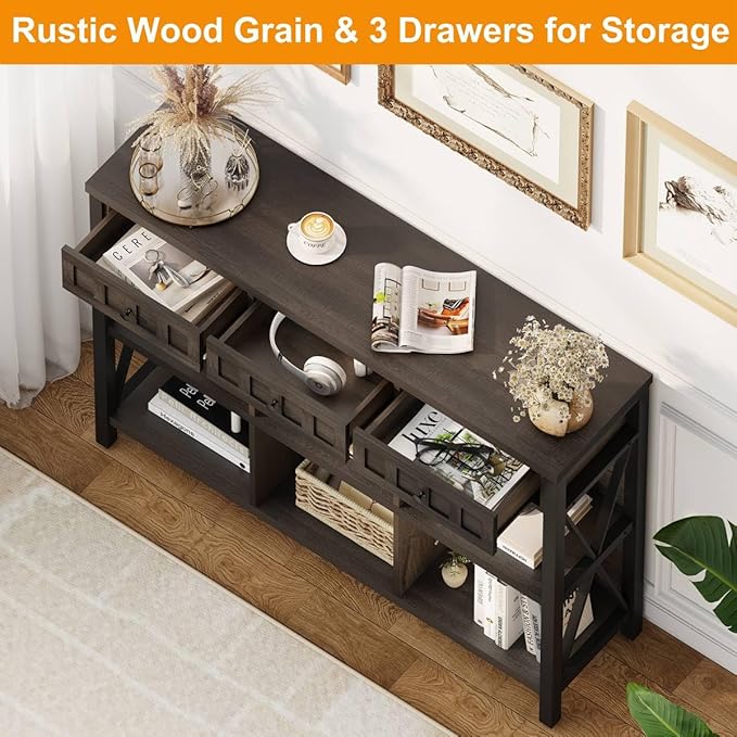 FATORRI Rustic 6 Cube Storage Organizer Bookshelf with 3 Drawers, Short Low Horizontal Bookshelf for Living Room, Industrial Wood and Metal Cubby Bookcase for Home Office (Walnut Brown, 47 Inch)