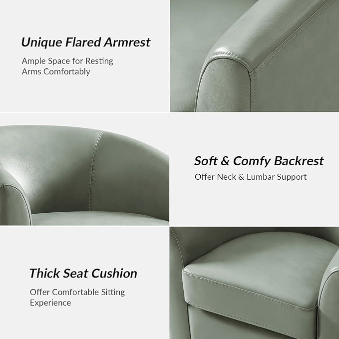 HULALA HOME Genuine Leather Swivel Accent Chairs Set of 2 with Solid Wood Base, Round Swivel Barrel Chairs for Living Room and Bedroom, Sage