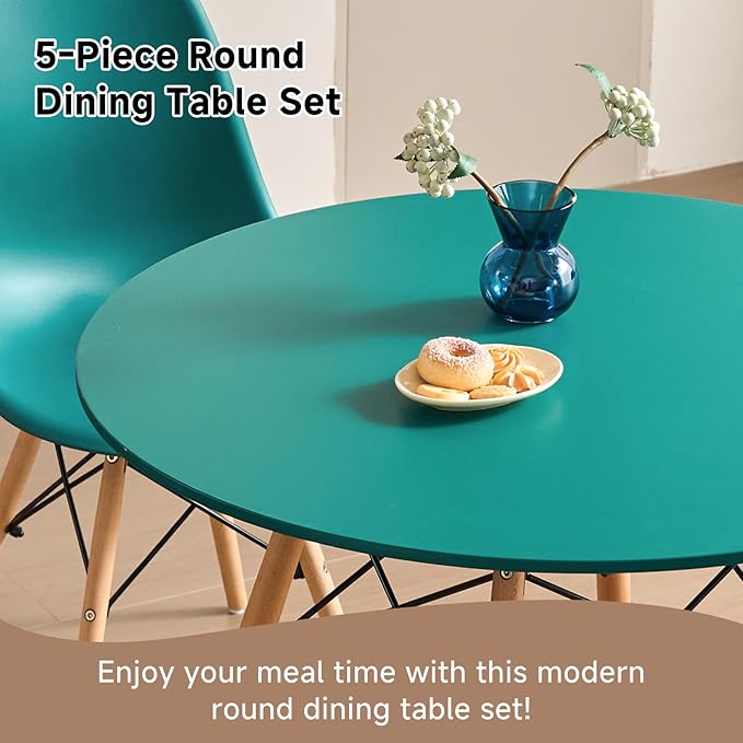 35.5'' 5 Piece Round Dining Table Set for 4, Mid-Century Modern Table with Chairs, Space Saving, Plastic Seats, Wood Legs, Circle Dinner Table for Kitchen, Home, Apartment, Green