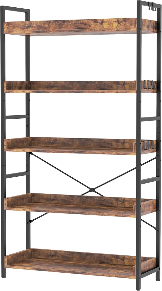 HCHQHS 5 Tier Bookshelf, Adjustable Industrial Bookcase, Vertical Tall Book Shelf, Wood and Black Metal Open Bookshelves for Home Office, Living Room, Bedroom