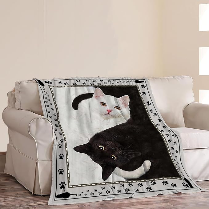 Cat Blanket Black and White Throw Blanket Soft Fleece Flannel Bedding Cats Gifts for Men Boys Women Girls Lovers Adults Stuff Plush for Couch Sofa Bed Room Decor 50"X60"