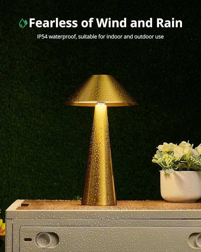 Bojim 2 Pack Rechargeable Cordless Table Lamp, Gold LED Battery Operated Wireless Table Lights, Touch for Color Changing Dimmable, IP54 Waterproof for Restaurant, Dining, Outdoor, Patio, Outside