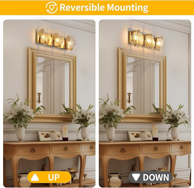 Bathroom Light Fixtures,3-Lights Vanity Lights Over Mirror,Modern Bathroom Wall Light with Clear Shell Shaped Glass Shades,Gold Wall Sconces for Bedroom Living Room Hallway Kitchen.
