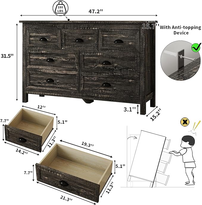 Farmhouse 7 Drawer Dresser for Bedroom, Modern Wood Dresser with Vintage Black Antique Handle, Rustic Chest of Drawers for Hallway, Antique Black