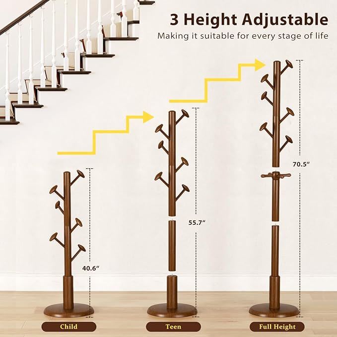 Solid Wood Coat Rack Freestanding Coat Tree with 10 Hooks for Bedroom, Livingroom, Entryway, Sturdy Coat Hanger Stand for Hats, Coats, Scarves, Handbags, Purses