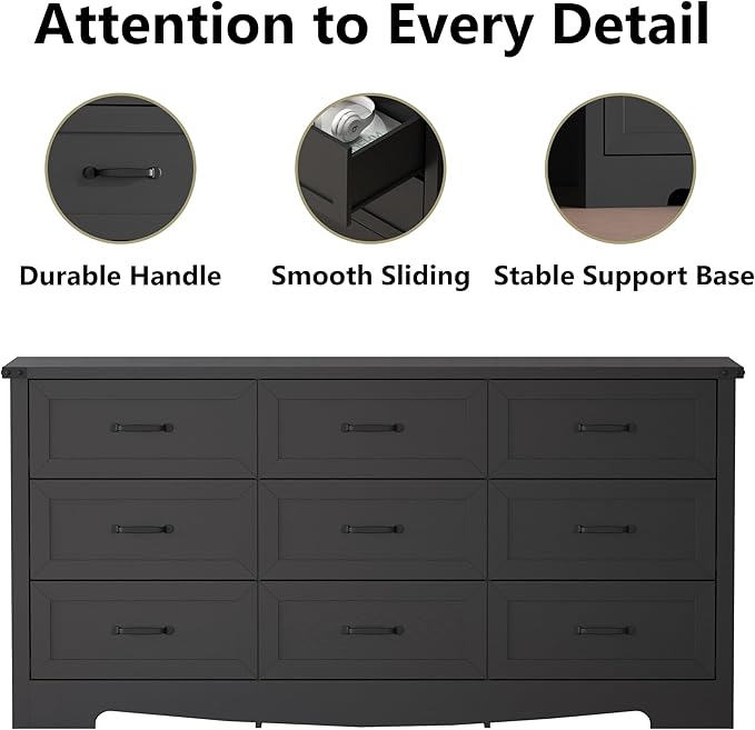 Black Dresser for Bedroom, 59'' Wide Chest of Drawers with Natural Wood Texture, 9 Drawer Dresser for Closet with Metal Handles, Sleek Storage Solution for Living Room, Office, Hallway