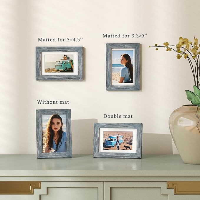 Egofine 4x6 Picture Frame Made of Solid Wood, Covered by Plexiglass Display Pictures 3.5x5 with Mat or 4x6 Without Mat for Table Top Display and Wall Mounting Photo Frame, Rustic Blue