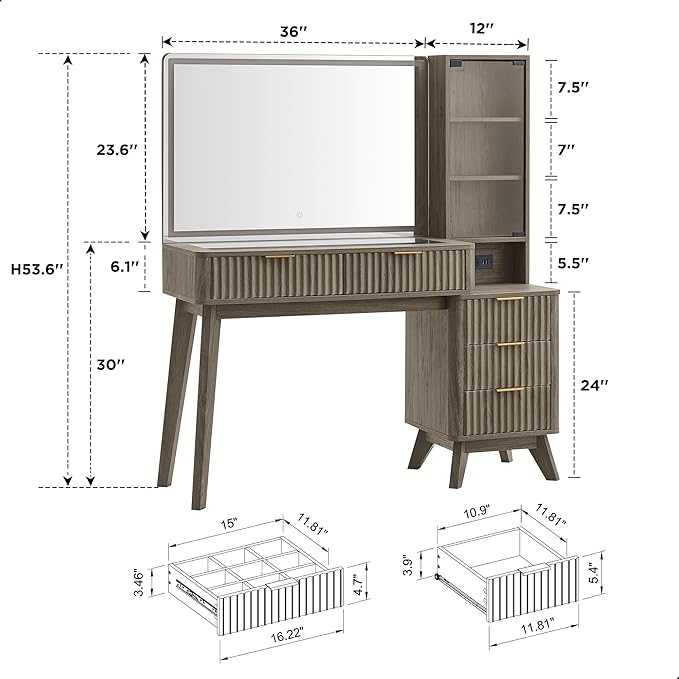T4TREAM 48" Fluted Makeup Vanity Desk with Large 36" Mirror and Lights, Modern Glass Top Big Vanity Table w/5 Drawers & Adjustable Shelves, Dressing Table w/Charging Station for Bedroom, Grey Alder