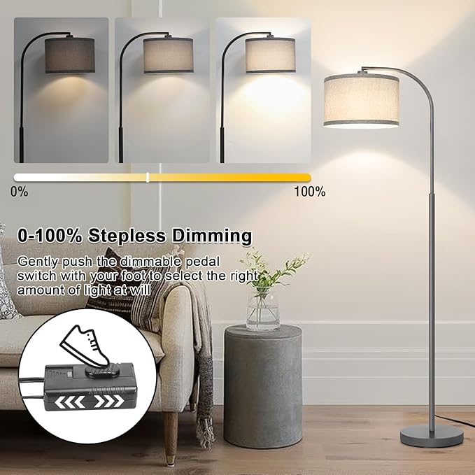 Boncoo Dimmable Floor Lamp, Arc Floor Lamps for Living Room, Stepless Dimmable Standing Lamp with Adjustable Drum Shade, Modern Arched Corner Light for Bedroom, Office, LED Bulb Included