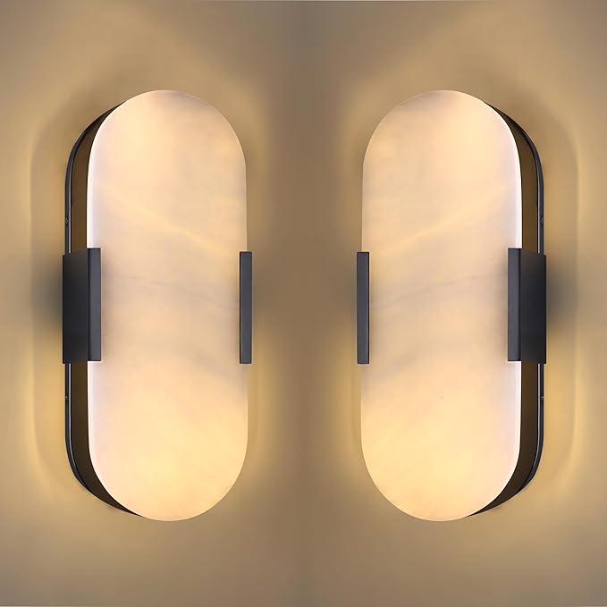 Doraimi Lighting 2 Pack 2 Light 12" Natural Oval Alabaster Marble Bathroom Wall Sconce Modern Concise Style Wall Light Fixture,Dark Gray Finish for Bedroom Hallway Bedside Living Room