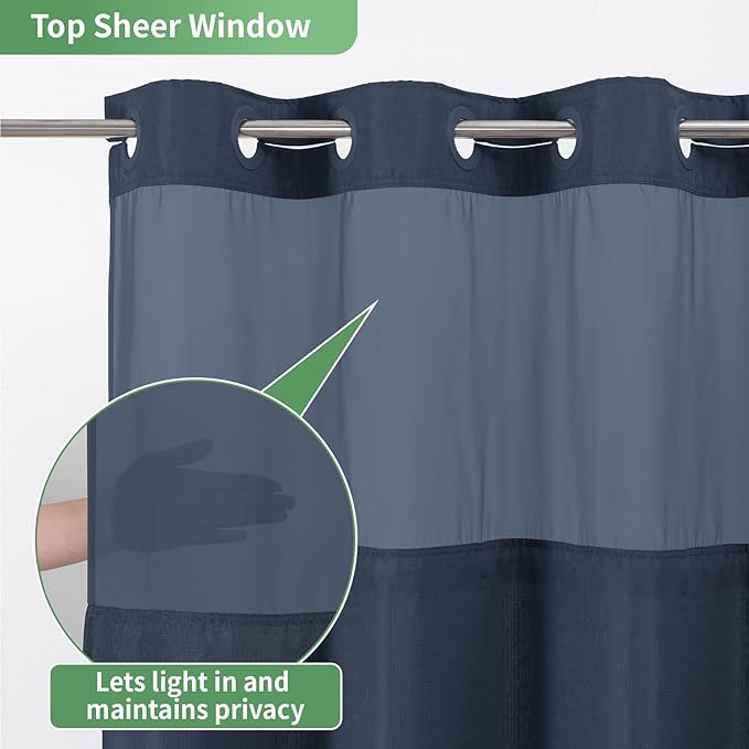 No Hook Shower Curtain with Snap-in Fabric Liner Set,Slub Textured Fabric Shower Curtains for Bathroom,Hotel Style Modern Shower Curtain,Water Repellent & Washable,71x74(72),Navy Blue