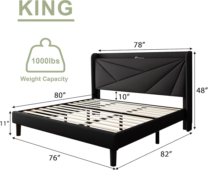 Feonase King Size Bed Frame with Charging Station, Linen Upholstered Platform Bed Frame with Wingback Storage Headboard, Solid Wood Slats Support, No Box Spring Needed, Noise Free, Black
