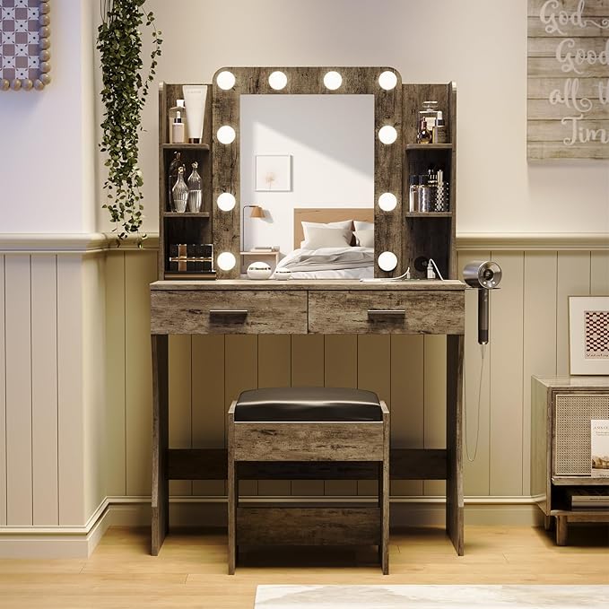 Maupvit Vanity Desk with Mirror and Lights,Makeup Vanity Table Set with Power Outlet,3 Lighting Modes & Adjustable Brightness Dressing Table with 2 Drawers for Bedroom Dressing Room,Light Oak Grey