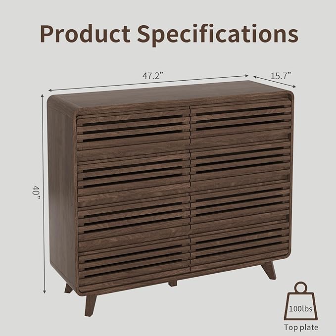 Fluted Dresser for Bedroom, Wide 8 Drawers Dresser, Chests of Drawers with Grille & Curved Design, Dressers Slides Pre-Installed, Large Wood Drawer Organizer for Bedroom Hallway, Dark Walnut
