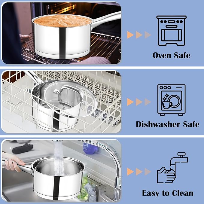 TeamFar Saucepan, 3 qt Stainless Steel Sauce Milk Pan & Lid with Tri-ply Bottom, Home/Kitchen Induction Pot for Cooking/Boiling/Warming/Stewing, Healthy & Heavy Duty, Dishwasher Safe