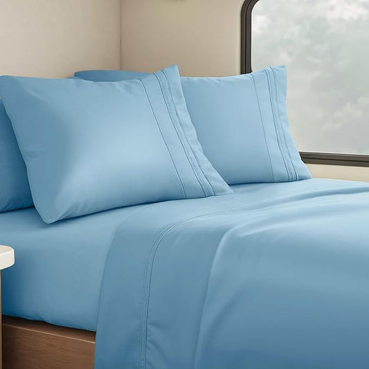 Clara Clark Bed Sheets, Premier 1800 Series 4 Piece RV Queen Sheet Set, Luxury Soft Sheets for RV Bunks, Short Queen - Calm Blue