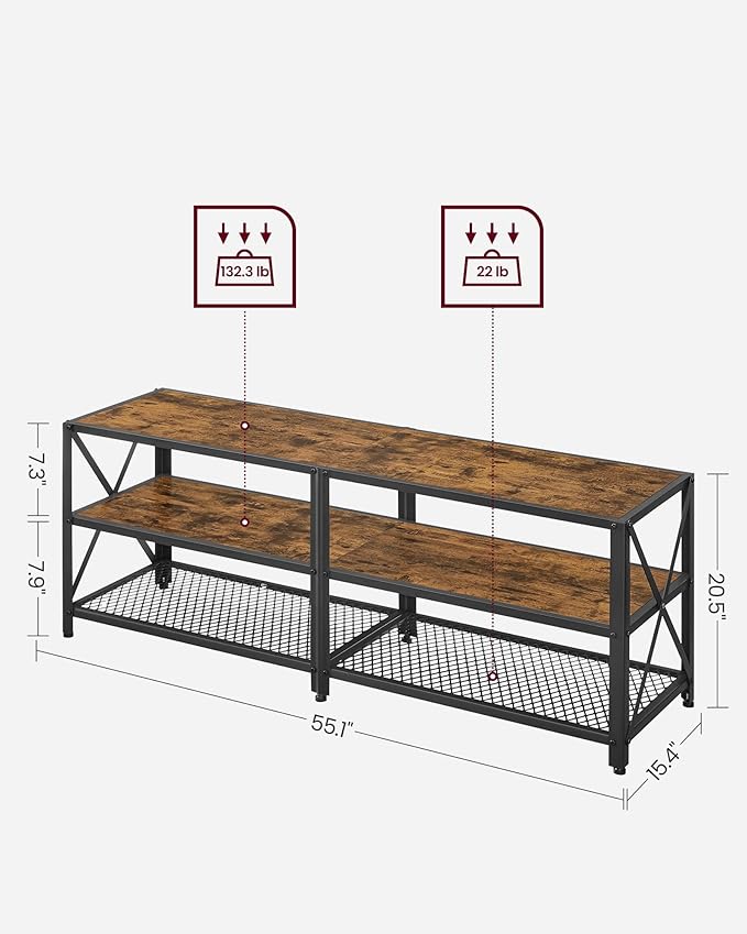 VASAGLE TV Stand, TV Console for TVs Up to 65 Inches, TV Table, 55.1 Inches Width, TV Cabinet with Storage Shelves, Steel Frame, for Living Room, Bedroom, Rustic Brown and Black ULTV094B01