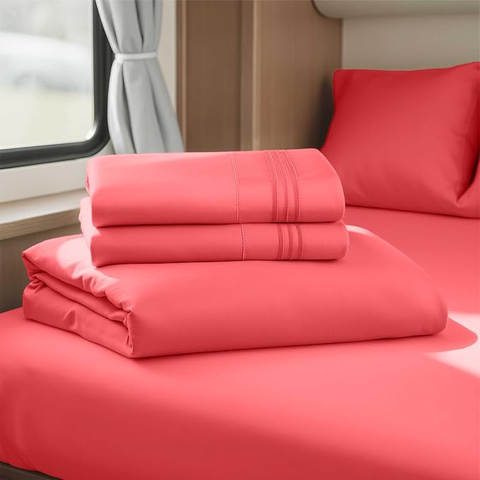 Clara Clark Bed Sheets, Premier 1800 Series 4 Piece RV Queen Sheet Set, Luxury Soft Sheets for RV Bunks, Short Queen - Coral Pink