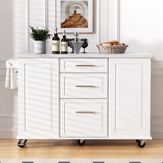 50.7" Mobile Kitchen Island with Storage Tilt Trash Can Cabinet and Pull Out Cabinet Organizer, Movable Rolling Island on 5 Wheels with Drop Leaf, 2 Drawers, 1Door for Kitchen, Dining Room (White)