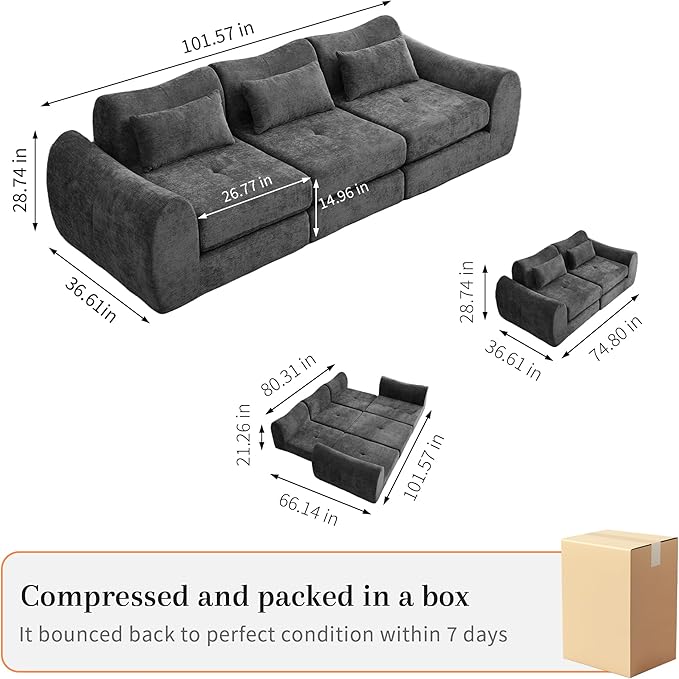 MAXMAXX 102" Modular Sectional Cloud Sofa,4-in-1 Folding Convertible Sofa Bed, Floor Boneless Couch, Modular Cushion Couch,Suitable for Living Room,Bedroom and Recreation Room (Black)