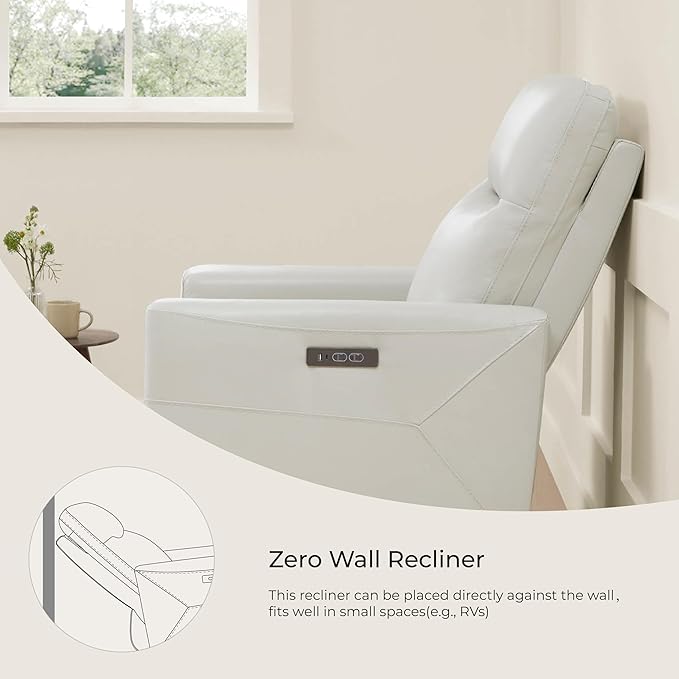 CHITA Genuine Leather Power Recliner Chair for Adults, Electric Wall Hugger Recliner for Small Spaces, Modern Living Room and RV Recliner Chair with Power Headrest & Charging Ports, Light Grey