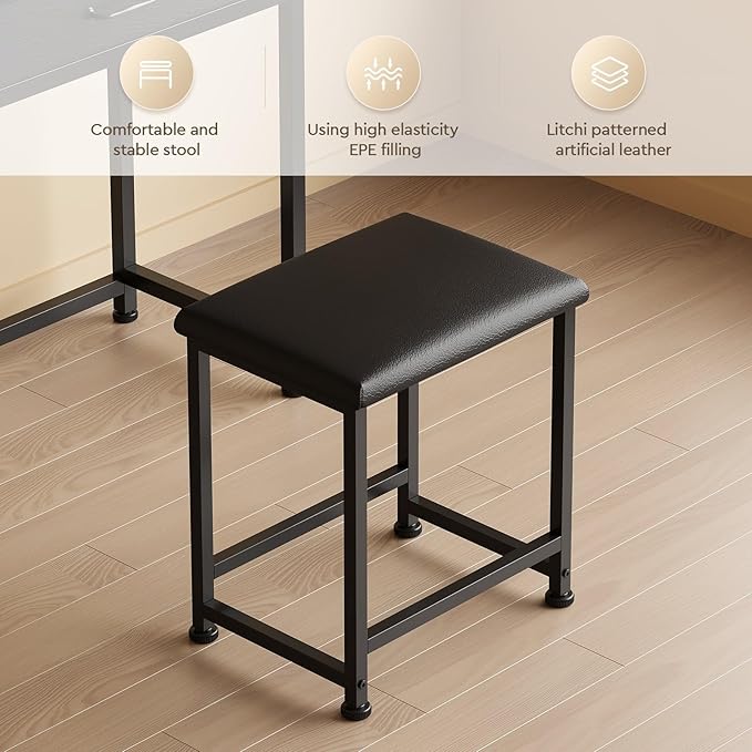 Makeup Vanity Desk with Mirror and Lights, Small Vanity with Fabric Storage Drawer & Chair & Shelves,Black Compact Makeup Vanity Set for Bedroom