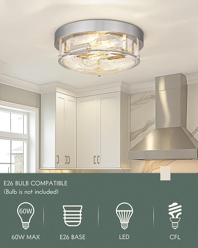 12" Flush Mount Ceiling Light, Brushed Nickel Finish, Bubble Glass Shade, Modern Farmhouse Style for Bedroom, Living Room, Dining – CKCL4822-2W-SGBN