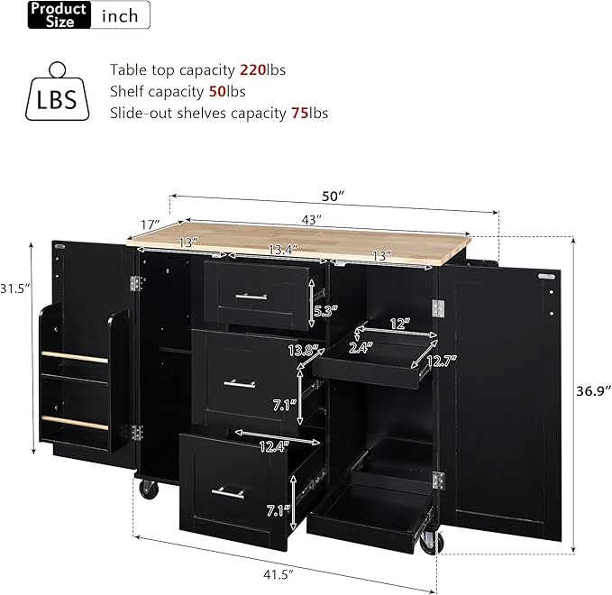 Rolling Mobile Kitchen Island Cart Cabinet with Door Internal Storage Rack, 3 Drawers and 2 Slide-Out Shelves for Dining Room