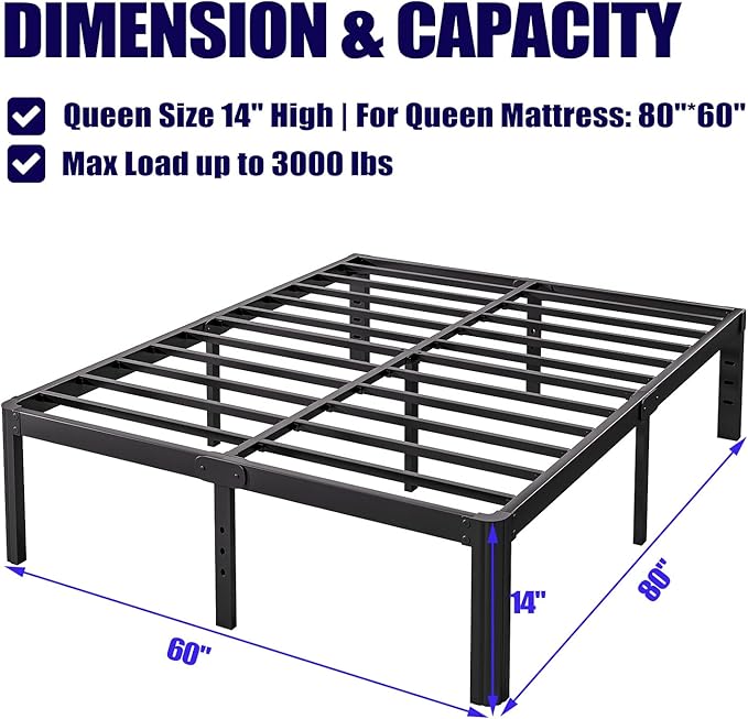 14in High Queen Bed Frame No Box Spring Needed, Heavy Duty Metal Platform Bed Frame Queen Size with Round Corners, Easy Assembly, Noise Free, Black